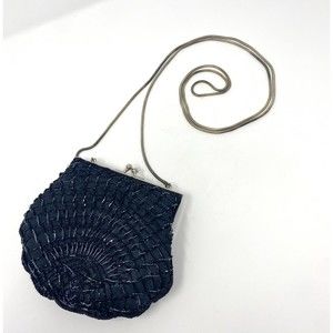 Black Beaded Hand Held Purse with Silver Strap 6”